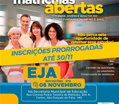 EJA- Inscrições prorrogadas até 30/11